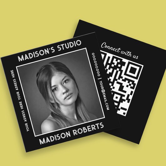 フォトグラファーQRコードカスタムフォトブラックシック スクエア名刺