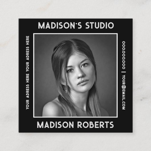 フォトグラファーQRコードカスタムフォトブラックシック スクエア名刺 (正面)