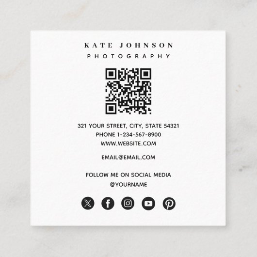 フォトグラファーQRコードソーシャルメディアのアイコン写真 スクエア名刺 (裏面)