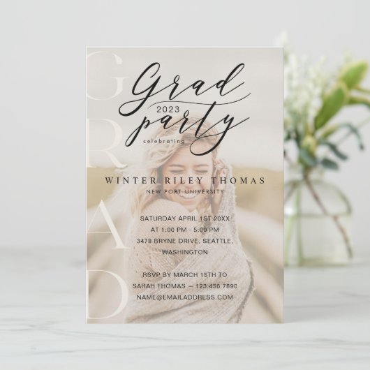 フォトグラミニマルードパーティーモダン書道クリーム 招待状 (スタンド正面)