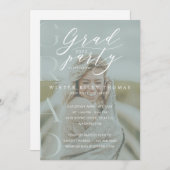 フォトグラミニマルードパーティーモダン書道グリーン 招待状 (正面/裏面)
