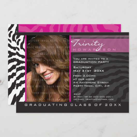 フォトグラードパーティー招待状ストライプゼブラピンク 招待状 (正面/裏面)