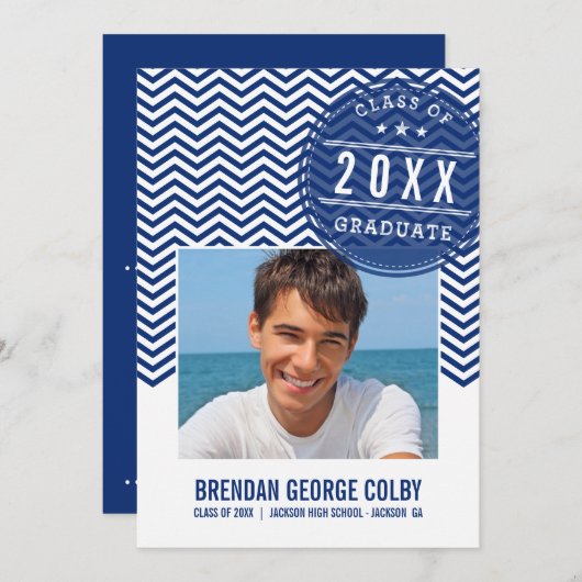 フォトグラード招待状はっきりしたシボ王室のロンネイビーブルー 招待状 (正面/裏面)