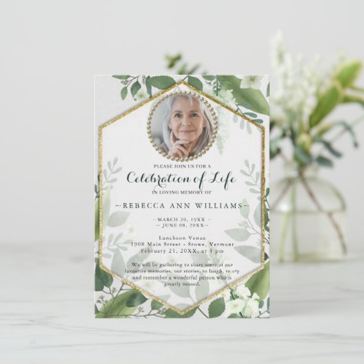 フォトグリッターの葉の緑のお祝い 招待状 (スタンド正面)