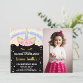 フォトグリッターブラックユニコーン誕生日招待状 招待状 (スタンド正面)