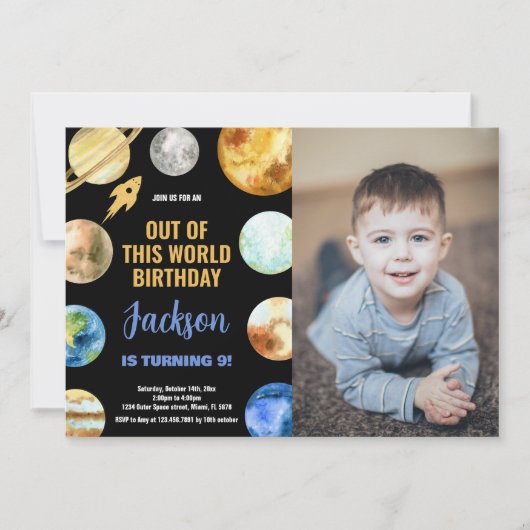 フォトグリッターロケット宇宙誕生日 招待状 (正面)