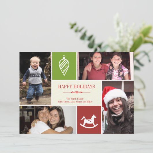 フォトグリッドのコラージュ4個お気に入りののもののクリスマスレッド シーズンカード (スタンド正面)