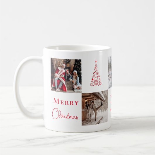 フォトグリッドコラージュ赤メリークリスマスファイブフォト コーヒーマグカップ (左)