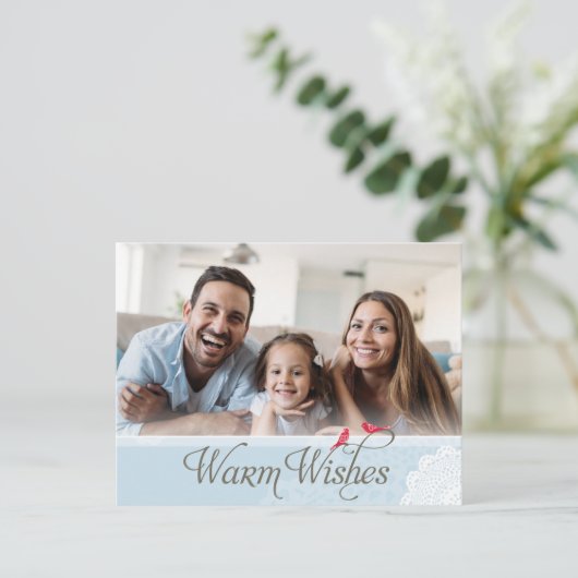 フォトグリーティングかわいらしはがき暖かい願い青 シーズンポストカード (スタンド正面)