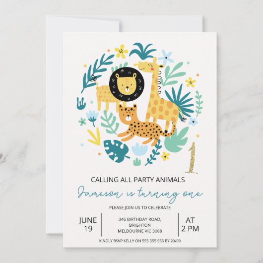フォトグリーンすべてのパーティー動物を呼び出す1st誕生日 招待状 (正面)