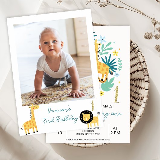 フォトグリーンすべてのパーティー動物を呼び出す1st誕生日 招待状
