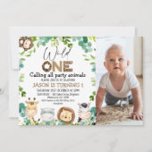 フォトグリーンアニマルズサファリワイルドワン誕生日 招待状 (正面)