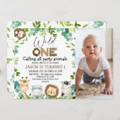 フォトグリーンアニマルズサファリワイルドワン誕生日 招待状 (正面/裏面)
