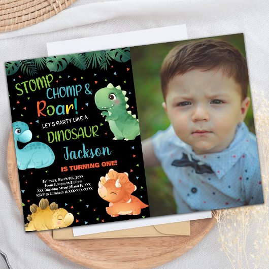 フォトグリーンオレンジ黒恐竜誕生日 招待状