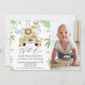 フォトグリーンカーサファリワイルドワン1歳の誕生日 招待状 (正面)