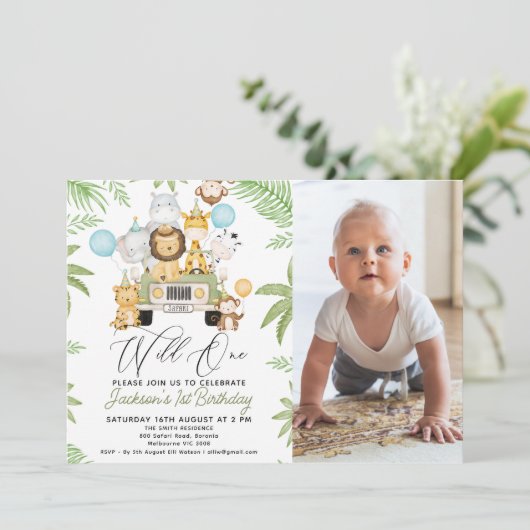 フォトグリーンカーサファリワイルドワン1歳の誕生日 招待状 (スタンド正面)