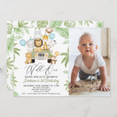 フォトグリーンカーサファリワイルドワン1歳の誕生日 招待状 (正面/裏面)