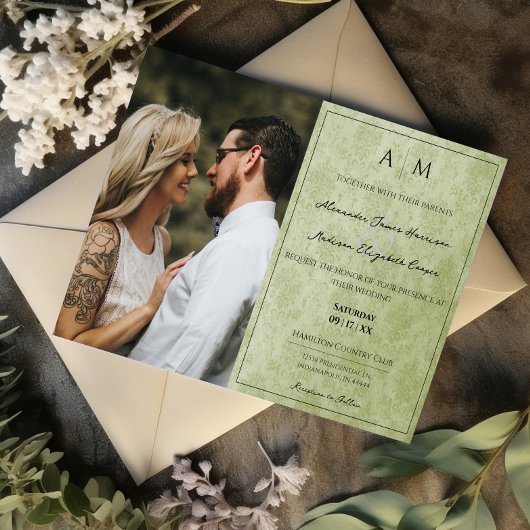 フォトグリーンダマスクモノグラム結婚式招待状 招待状
