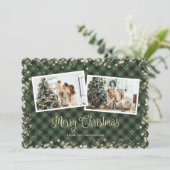 フォトグリーンプレイド金ゴールド雪メリークリスマス シーズンカード (スタンド正面)