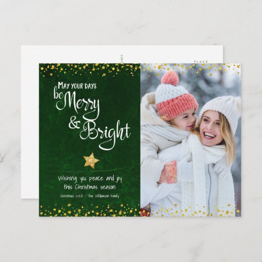 フォトグリーンメリーブライトスクリプト金ゴールドスターグリッター シーズンポストカード (正面/裏面)