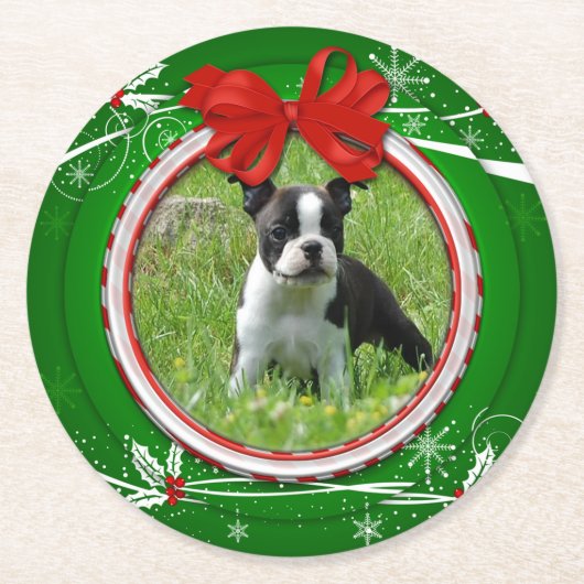 フォトグリーンレッドホリーベリーリボン紙コースター ラウンドペーパーコースター (正面)