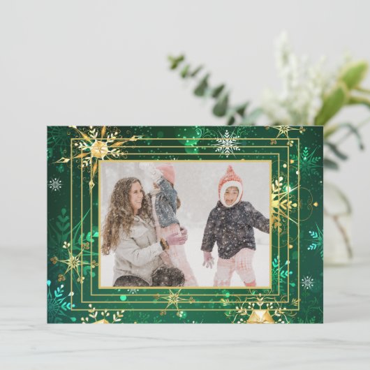 フォトグリーン金ゴールドスノーフレーククリスマスクリスマスホリデー シーズンカード (スタンド正面)