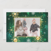 フォトグリーン金ゴールドスノーフレーククリスマスクリスマスホリデー シーズンカード (正面)