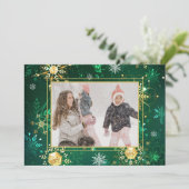 フォトグリーン金ゴールドスノーフレーククリスマスクリスマスホリデー シーズンカード (スタンド正面)
