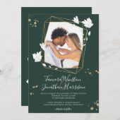 フォトグリーン金ゴールドラインアートフローラ幾何学的 招待状 (正面/裏面)