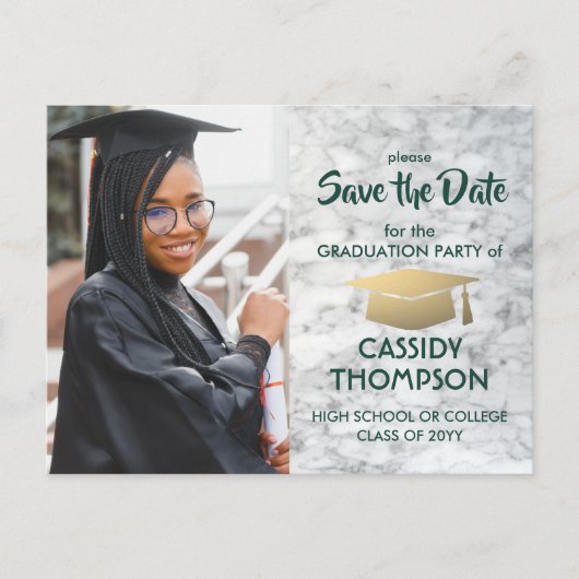 フォトグリーン&金ゴールド大理石の卒業日を保存 ポストカード (正面)