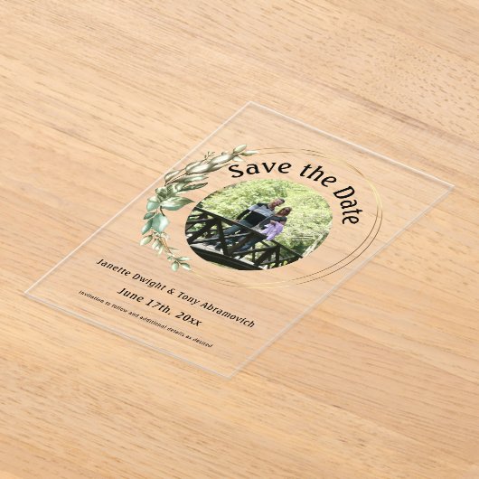 フォトグリ離れーンの日付を保存 アクリル招待状 (レイダウン)