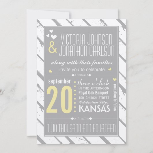 フォトグレーと黄モダン色のタイポグラフィ結婚ズ 招待状 (正面)