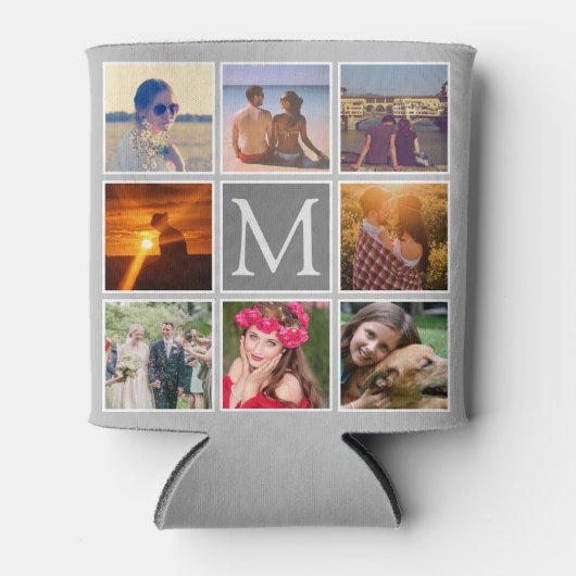 フォトグレーの背景モノグラムのを8つアップロード 缶クーラー (正面)