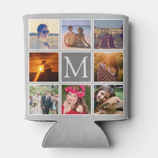 フォトグレーの背景モノグラムのを8つアップロード 缶クーラー (裏面)