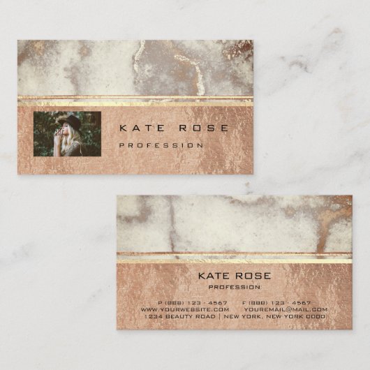 フォトグレーストライプバラ大理石金ゴールドメイクアップ銅 名刺 (正面/裏面)
