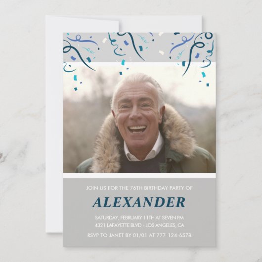 フォトグレー彼のための紙吹雪76歳の誕生日 招待状 (正面)