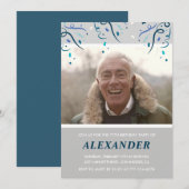 フォトグレー彼のための紙吹雪77歳の誕生日 招待状 (正面/裏面)
