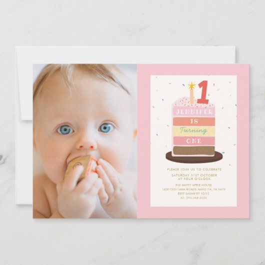 フォトケーキキャンドルカラフルスパークル1歳の誕生日 招待状 (正面)