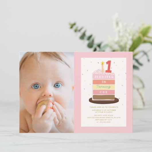 フォトケーキキャンドルカラフルスパークル1歳の誕生日 招待状 (スタンド正面)