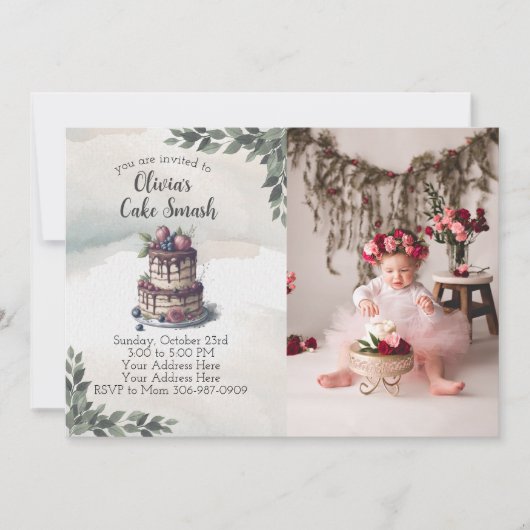 フォトケーキスマッシュ最初の誕生日パーティーの招待状 招待状 (正面)