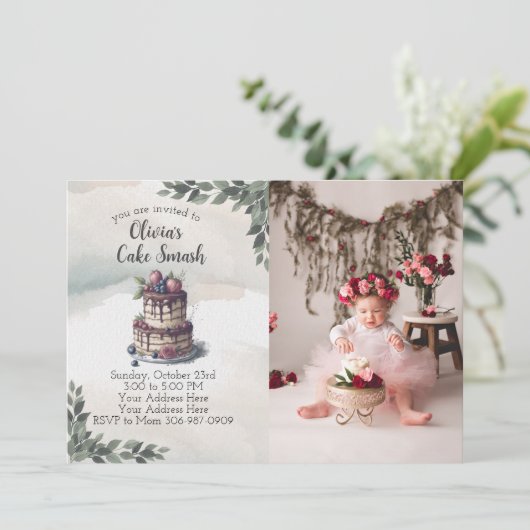 フォトケーキスマッシュ最初の誕生日パーティーの招待状 招待状 (スタンド正面)