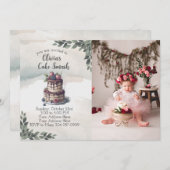 フォトケーキスマッシュ最初の誕生日パーティーの招待状 招待状 (正面/裏面)