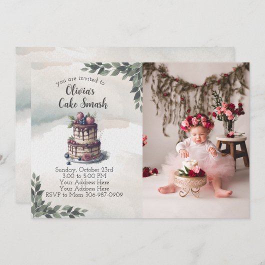 フォトケーキスマッシュ最初の誕生日パーティーの招待状 招待状 (正面/裏面)