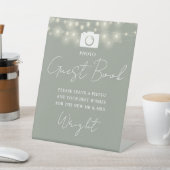 フォトゲストブックセージ緑のストリングライツ結婚ズ 台座サイン (インサイチュ)