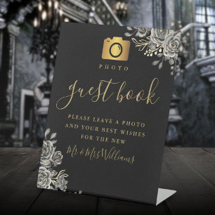 フォトゲストブックブラック&金ゴールドゴシックバラ 台座サイン