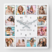 フォトコラパーソナライズされたージュホワイトシルバーフレンドシップ スクエア壁時計 (正面)