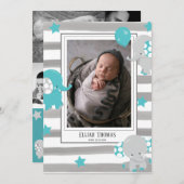 フォトコラージエレファントグレーウォーター色ストライプベビー 案内状 (正面/裏面)