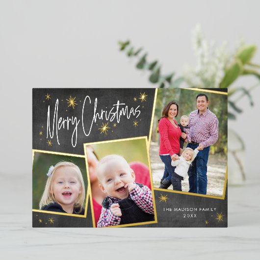 フォトコラージクリスマスゴールドフォイルホリデーカード 箔シーズンカード (立ち正面)