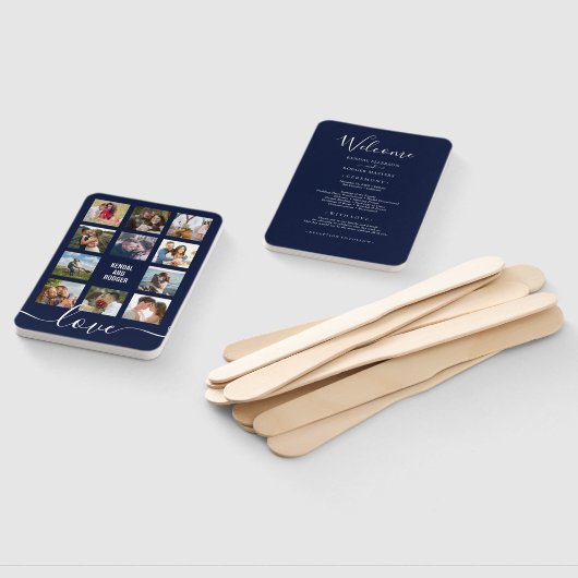 フォトコラージネイビーブルー結婚式 プログラム ハンドファン (組立なし)