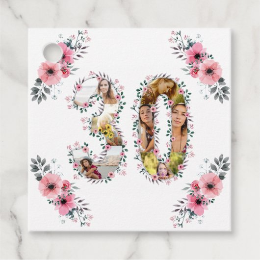 フォトコラージビッグ30歳の誕生日ピンクの花白 フェイバータグ (正面)